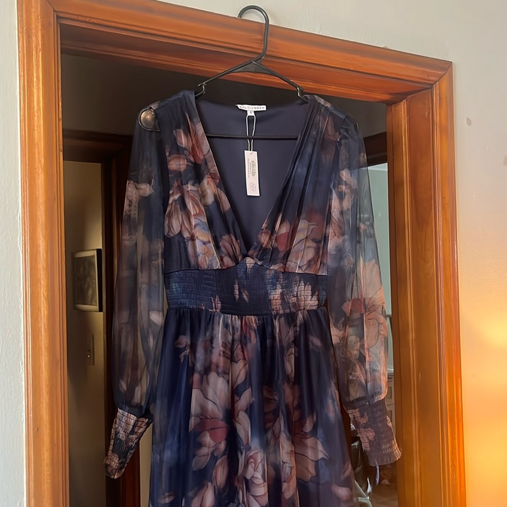 Baltic Born Layla Tulle Maxi dress. NWT. Dark Blue Floral, size S